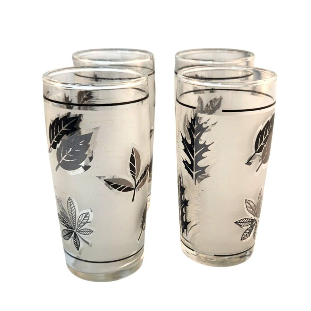 Set Of 4 Vintage Libbey Silver Foliage Juice Glasses 6 Oz Mid-Century Modern Des